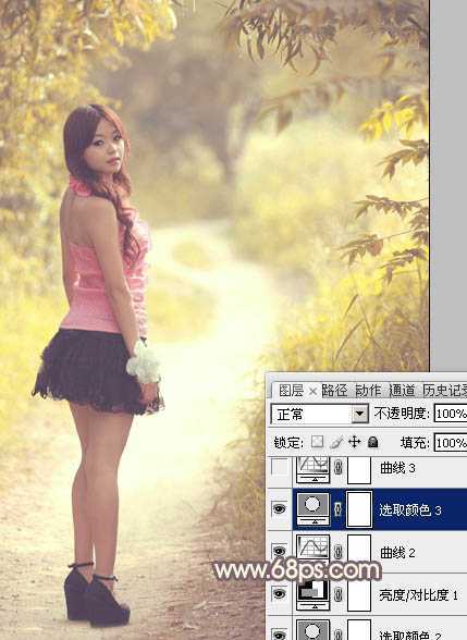 ‘Photoshop为树林人物图片调出柔美的秋季橙黄色‘