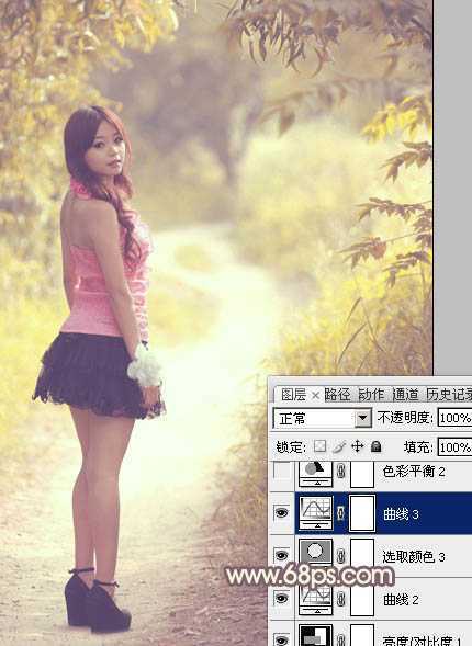 ‘Photoshop为树林人物图片调出柔美的秋季橙黄色‘