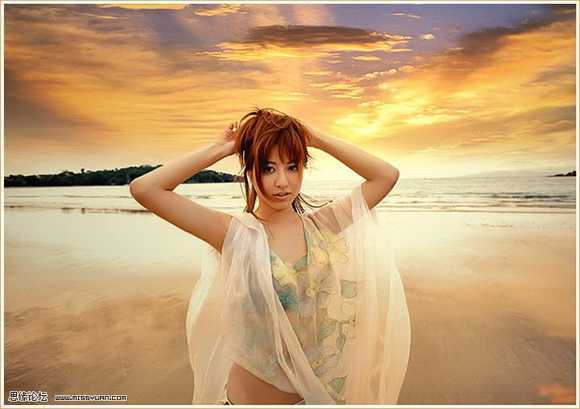 ‘Photoshop将海边美女图片打造出梦幻的夕阳背景‘
