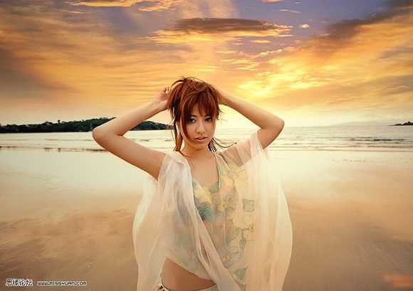 ‘Photoshop将海边美女图片打造出梦幻的夕阳背景‘