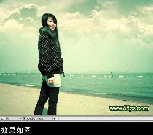 ‘Photoshop将海景人物图片调成柔美的淡绿色‘