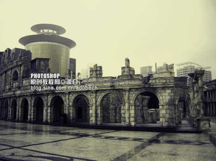 ‘Photosho将建筑图片调成古典淡黄色‘