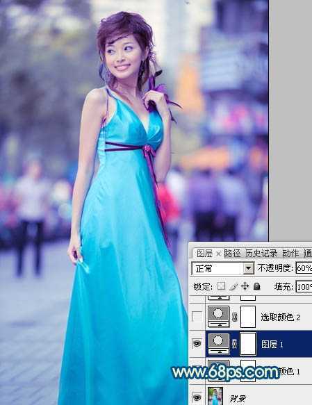 ‘Photoshop下将街景美女图片调成时尚的青蓝色‘