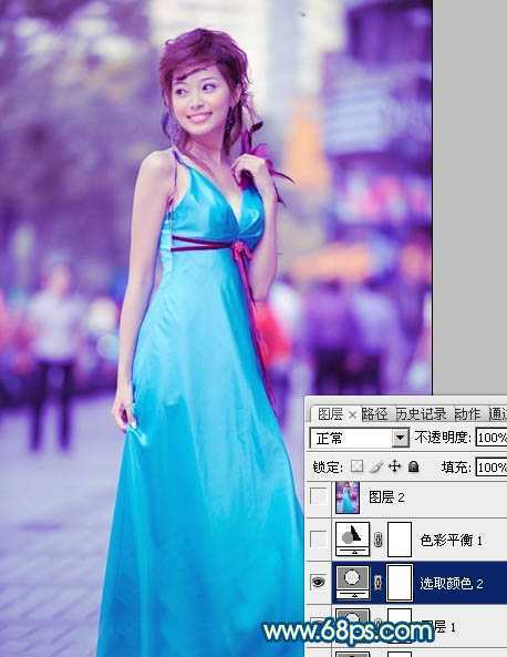 ‘Photoshop下将街景美女图片调成时尚的青蓝色‘