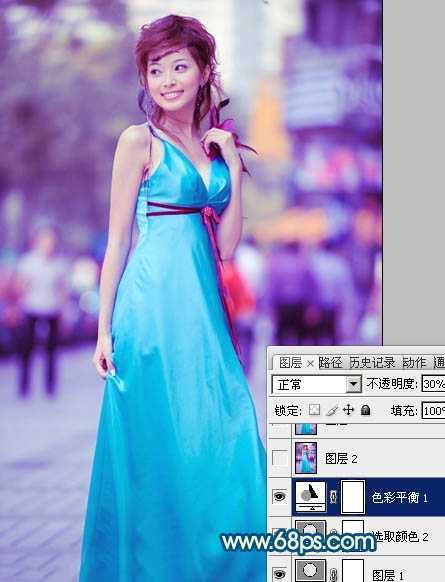 ‘Photoshop下将街景美女图片调成时尚的青蓝色‘