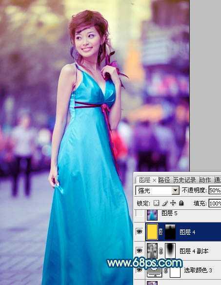 ‘Photoshop下将街景美女图片调成时尚的青蓝色‘