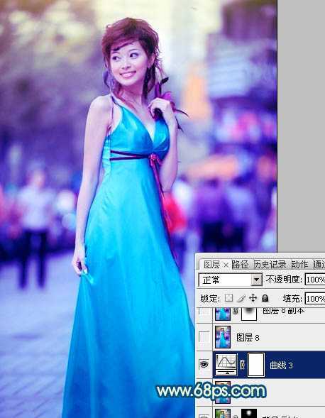 ‘Photoshop下将街景美女图片调成时尚的青蓝色‘