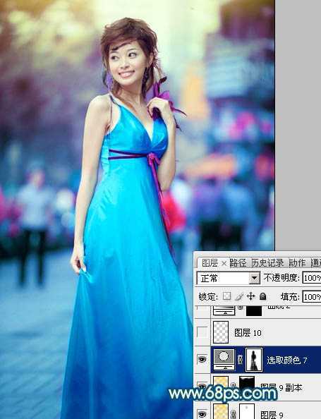 ‘Photoshop下将街景美女图片调成时尚的青蓝色‘