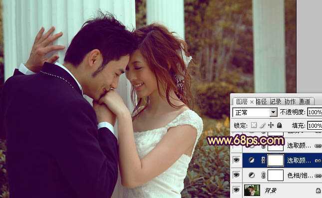 ‘Photoshop为古建筑婚片调成柔美的黄紫色‘