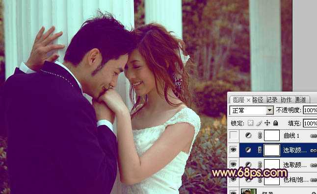 ‘Photoshop为古建筑婚片调成柔美的黄紫色‘