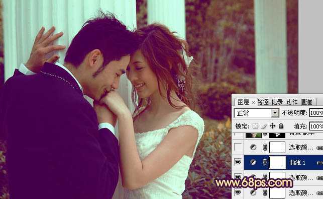 ‘Photoshop为古建筑婚片调成柔美的黄紫色‘