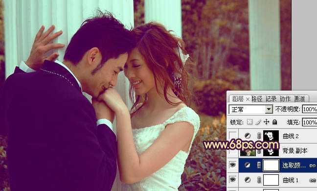 ‘Photoshop为古建筑婚片调成柔美的黄紫色‘