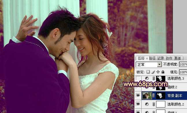 ‘Photoshop为古建筑婚片调成柔美的黄紫色‘