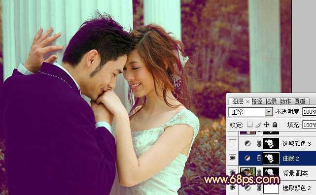 ‘Photoshop为古建筑婚片调成柔美的黄紫色‘