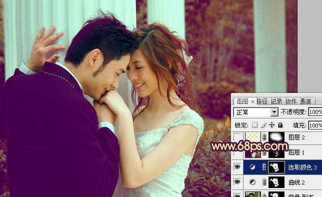 ‘Photoshop为古建筑婚片调成柔美的黄紫色‘