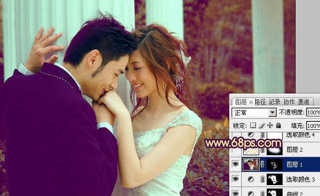 ‘Photoshop为古建筑婚片调成柔美的黄紫色‘