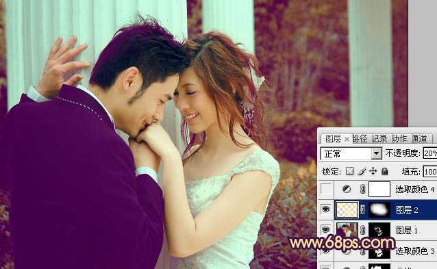 ‘Photoshop为古建筑婚片调成柔美的黄紫色‘