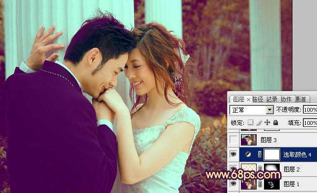 ‘Photoshop为古建筑婚片调成柔美的黄紫色‘