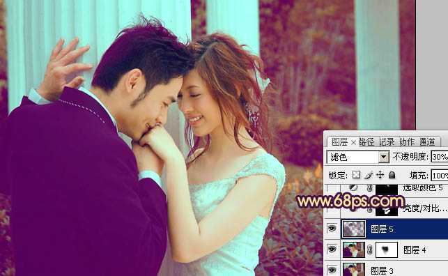 ‘Photoshop为古建筑婚片调成柔美的黄紫色‘
