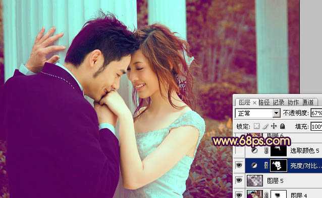 ‘Photoshop为古建筑婚片调成柔美的黄紫色‘