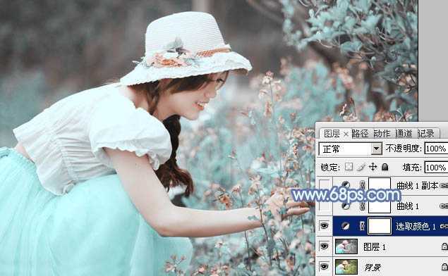 ‘photoshop利用通道替换将花草中的美女调制出柔美的淡蓝色‘