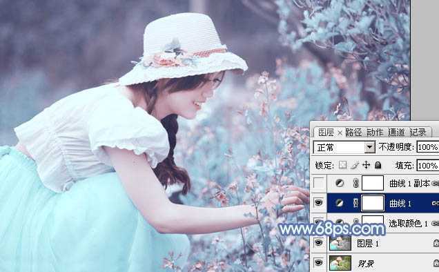 ‘photoshop利用通道替换将花草中的美女调制出柔美的淡蓝色‘