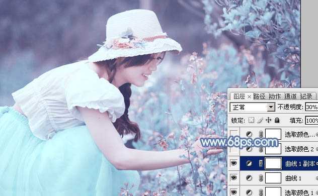 ‘photoshop利用通道替换将花草中的美女调制出柔美的淡蓝色‘