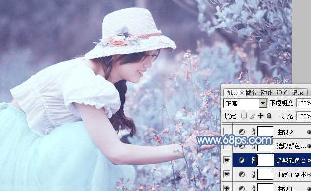 ‘photoshop利用通道替换将花草中的美女调制出柔美的淡蓝色‘