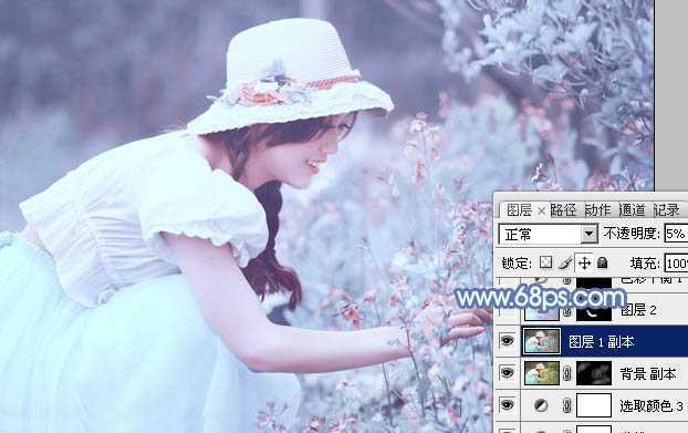 ‘photoshop利用通道替换将花草中的美女调制出柔美的淡蓝色‘