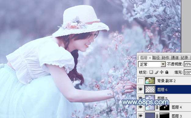 ‘photoshop利用通道替换将花草中的美女调制出柔美的淡蓝色‘
