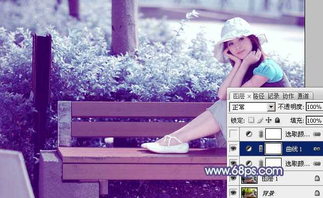 ‘Photoshop将公园美女图片调制出梦幻唯美的淡调青紫色‘