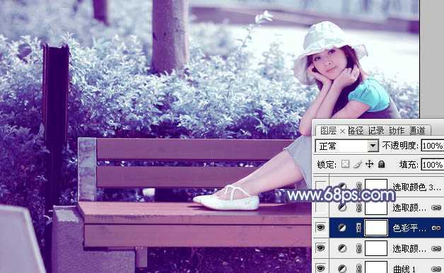 ‘Photoshop将公园美女图片调制出梦幻唯美的淡调青紫色‘