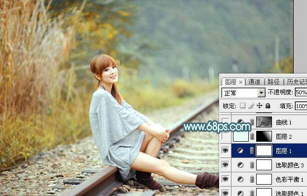 ‘Photoshop为外景人物图片打造出甜美的淡调青黄色‘