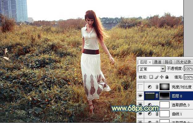 ‘Photoshop调出大气的暗调晨曦色荒草人物图片‘