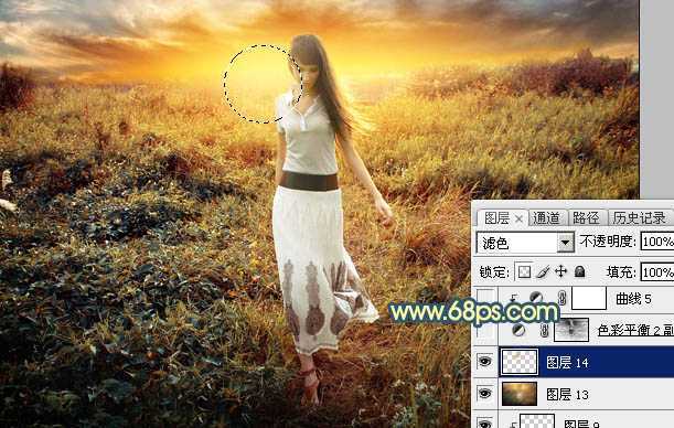 ‘Photoshop调出大气的暗调晨曦色荒草人物图片‘