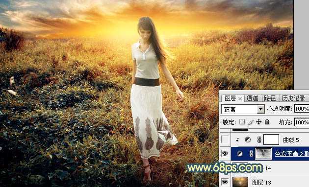 ‘Photoshop调出大气的暗调晨曦色荒草人物图片‘