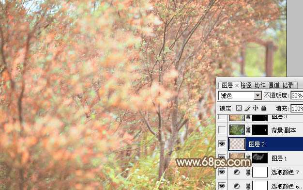 ‘Photoshop为树丛中的美女图片调制出小清新粉红色的详细教程‘