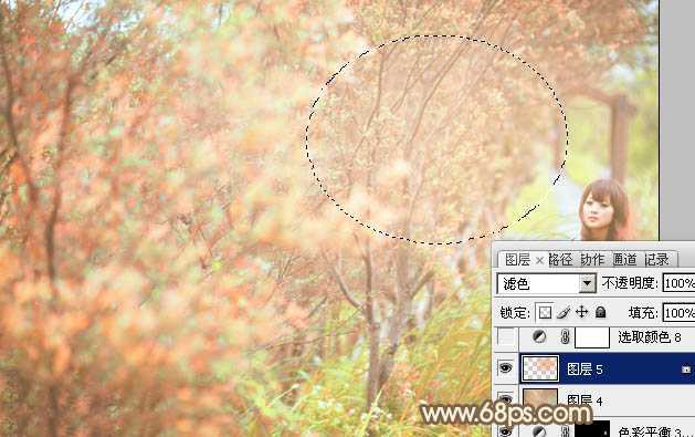 ‘Photoshop为树丛中的美女图片调制出小清新粉红色的详细教程‘