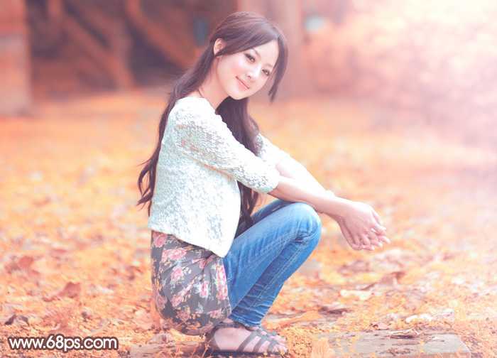 ‘Photoshop为树木边的美女增加柔美的深秋酒红色‘