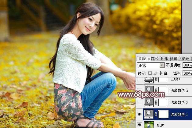‘Photoshop为树木边的美女增加柔美的深秋酒红色‘