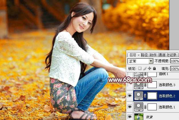 ‘Photoshop为树木边的美女增加柔美的深秋酒红色‘