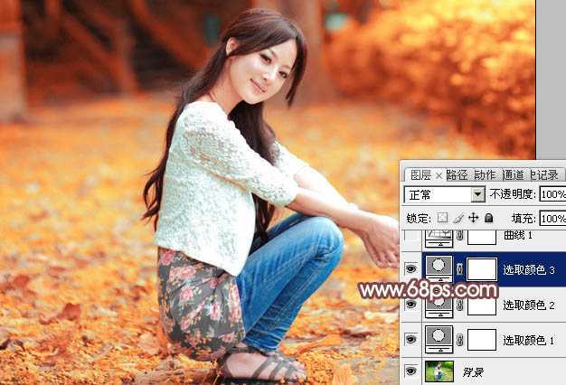‘Photoshop为树木边的美女增加柔美的深秋酒红色‘
