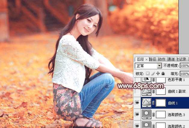 ‘Photoshop为树木边的美女增加柔美的深秋酒红色‘