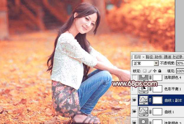 ‘Photoshop为树木边的美女增加柔美的深秋酒红色‘