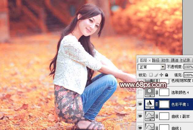 ‘Photoshop为树木边的美女增加柔美的深秋酒红色‘