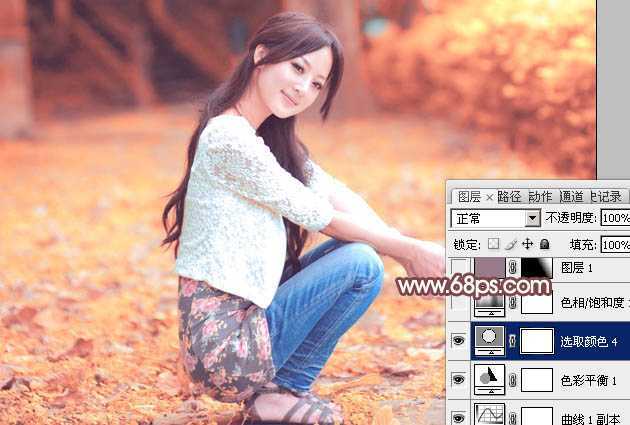 ‘Photoshop为树木边的美女增加柔美的深秋酒红色‘