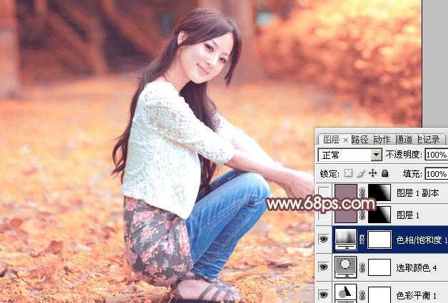 ‘Photoshop为树木边的美女增加柔美的深秋酒红色‘