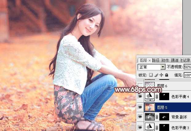 ‘Photoshop为树木边的美女增加柔美的深秋酒红色‘
