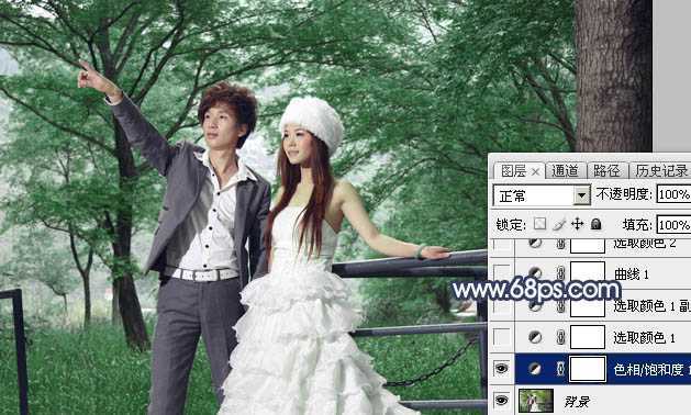 ‘Photoshop为树林婚片打造梦幻的暗青色‘