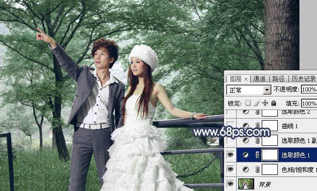 ‘Photoshop为树林婚片打造梦幻的暗青色‘